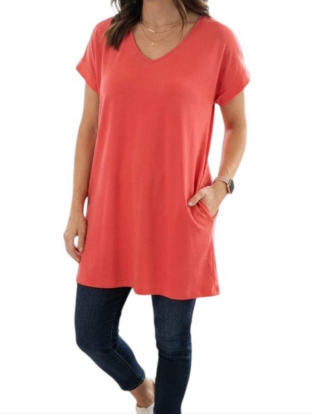 Lildy Orange V Neck Short Sleeve Pocket Tunic